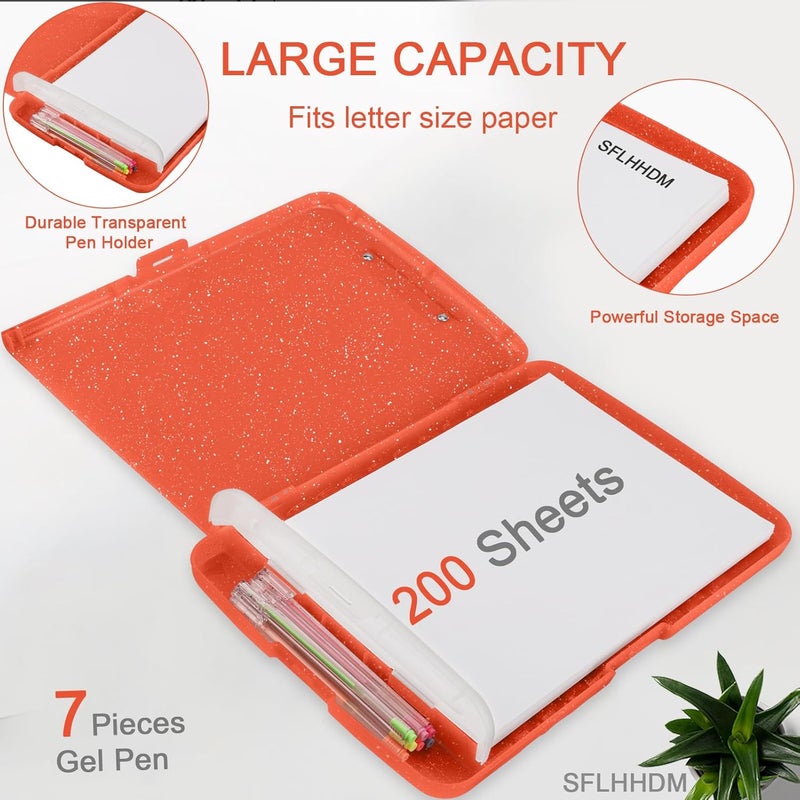 SFLHHDM Glitter Clipboard with Storage,Storage Clipboard with Pen Holder,A4 Binder Clip Boards 8.5x11 with Low Profile Clip,Side Opening Sparkle Clipboards, Clipboards Folder for Office Supplies-Orange - Image 3